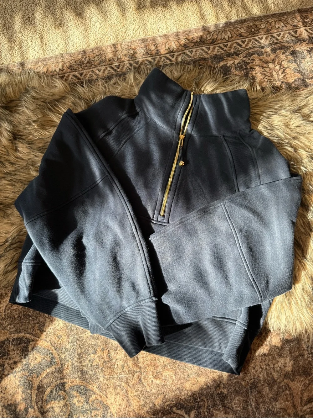 Lululemon Cropped Scuba Half-Zip Pullover in Navy with Gold Zipper